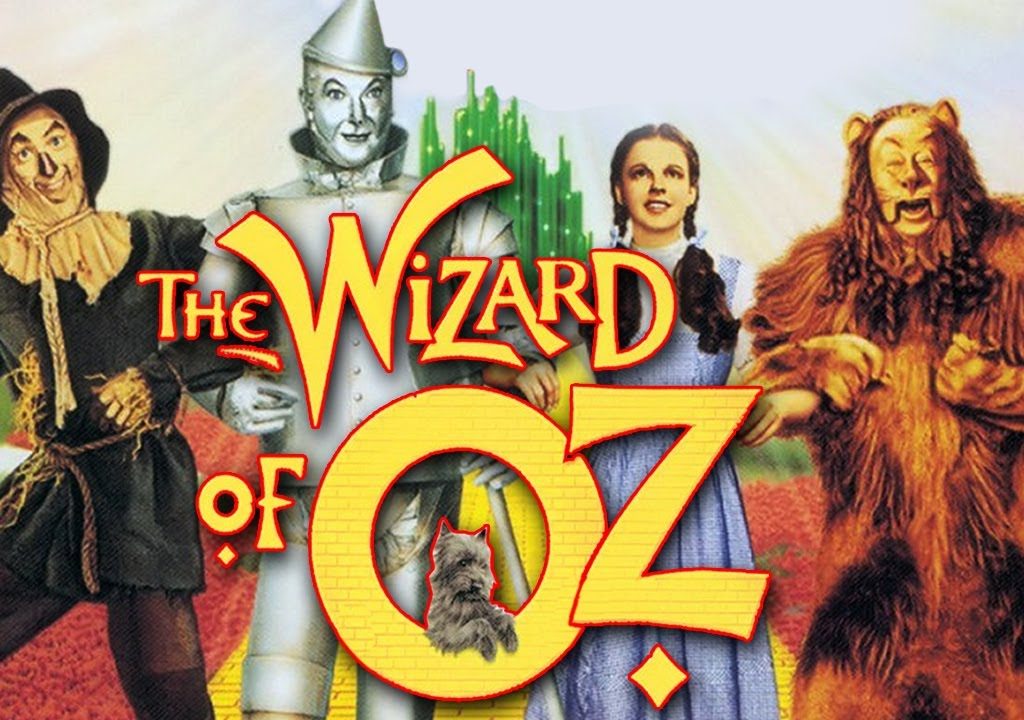 An image of the poster for the film The Wizard of Oz, featuring The Scarecrow, the Tin Man, Dorothy and The Lion